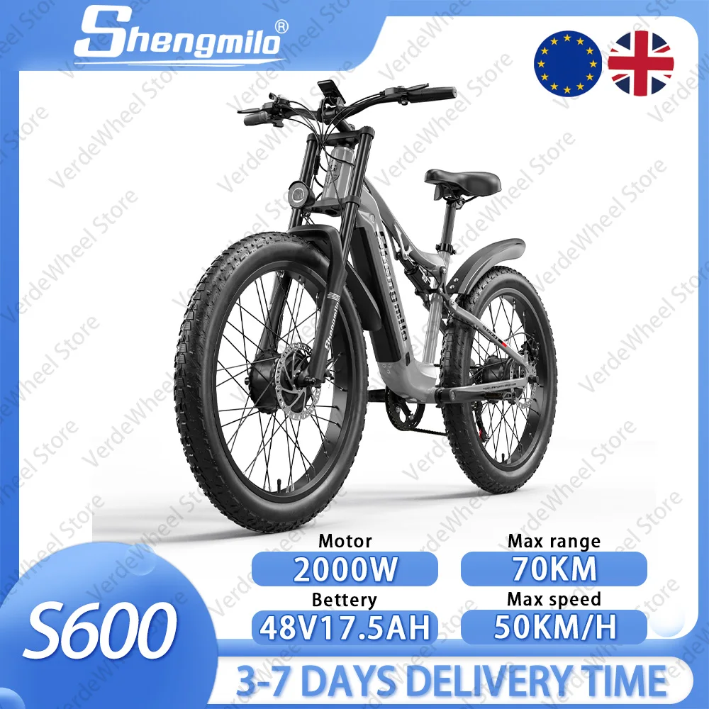 Bici da montagna elettrica Shengmilo S600 48V 17,5Ah, doppio motore da 2000 W, portata 70 km, 50 km/h, pneumatici larghi 26 pollici, ammortizzatore DNM