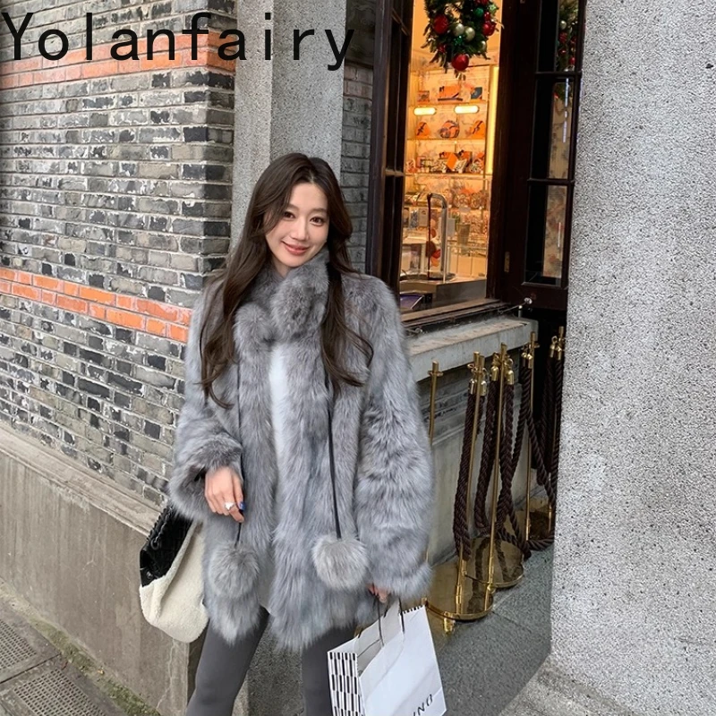 YOLANFAIRY natural fox jacket woman winter warmth Medium style High-end elegance commuting lady's fox leather fur overcoats 2025