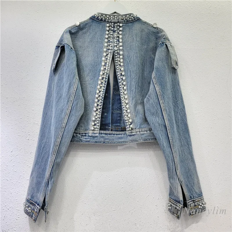 Style Pearl Studded Diamond Tassel Denim Jacket for Women 2024 New Autumn Design with Hollowed Out Back Denim Top Coat