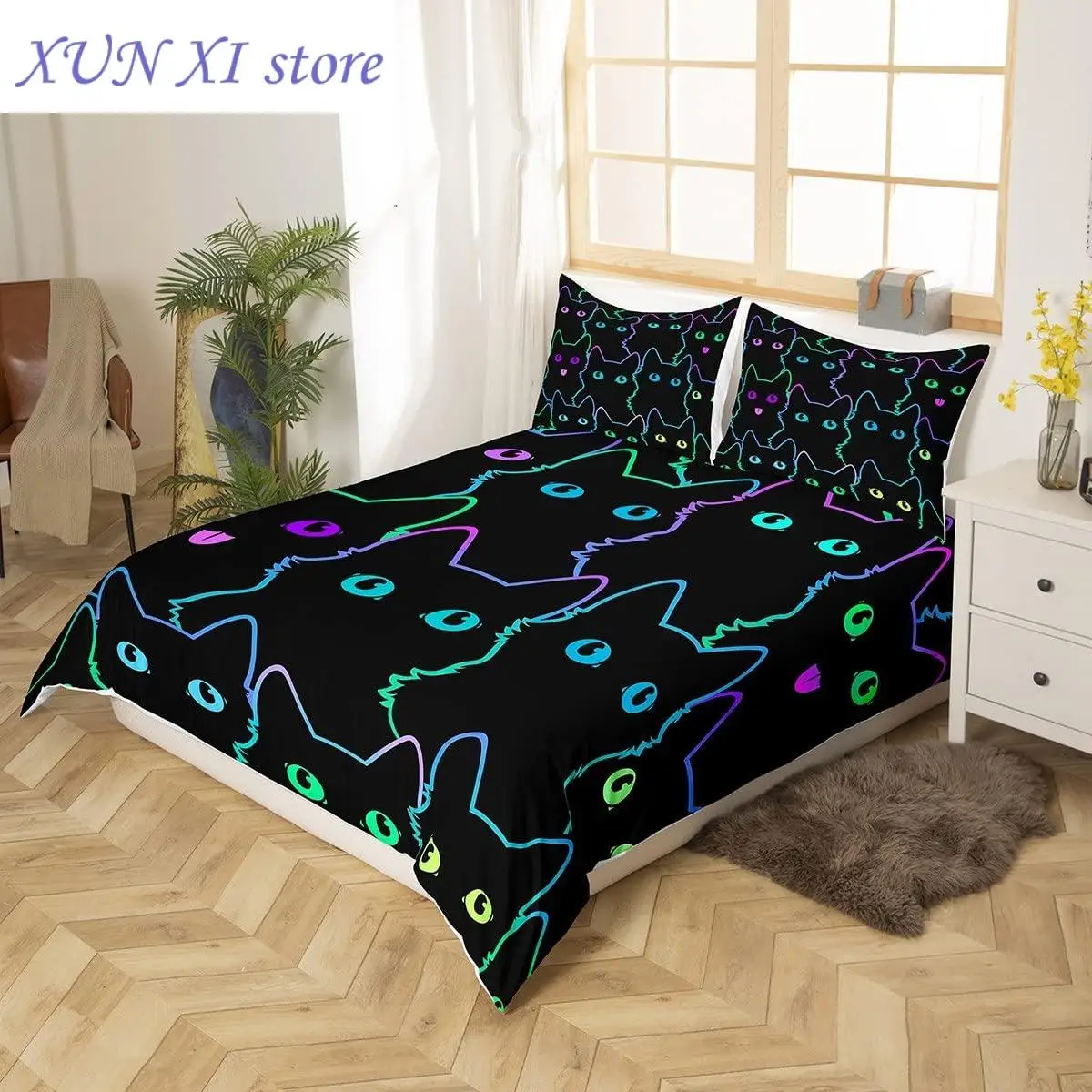 New Bedding Set for Girls Boys Pet Cats Comforter Cover Cute Kitten Neon Light Duvet Cover Room Decor 3D Bedspread Cover