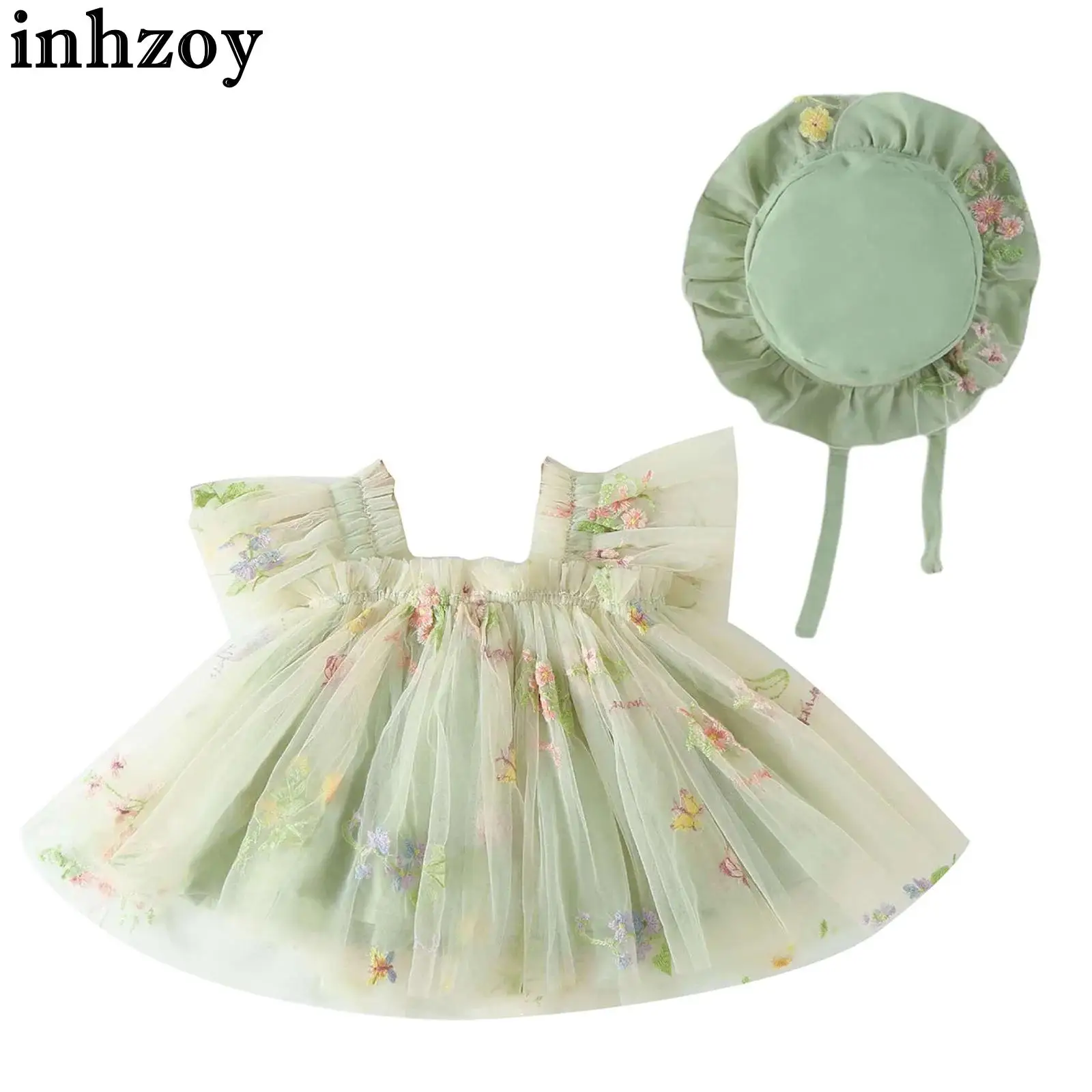 

Baby Girls Summer Casual Boho Style Dress Sleeveless Flowers Tulle Princess Tutu with Hat Beach Holiday Birthday Party Clothes