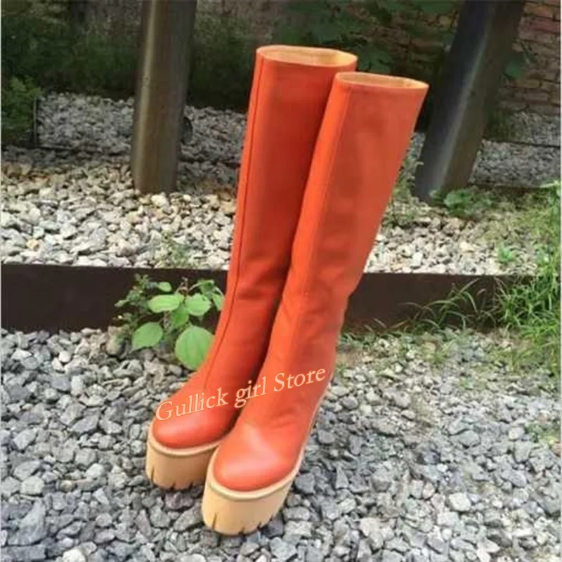 

Сапоги до колена на платформе и блочном каблуке, оранжевые кожаные слипоны ручной работы, подиумная обувь 2026, зима-осень, женские модельные туфли на толстом каблуке