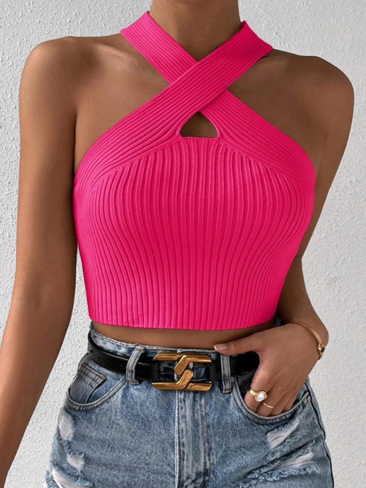  Summer Spice Girls solid color cross short slim-fit sleeveless sexy vest knitted top with chest and neck hanging top lady 