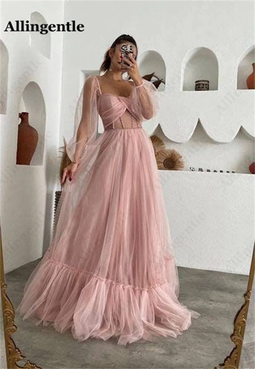 Allingentle Orange Prom Gowns for Women Long Tulle Puffy Sleeves A-Line Fairy Maxi Graduation Evening Dresses for Party Custom