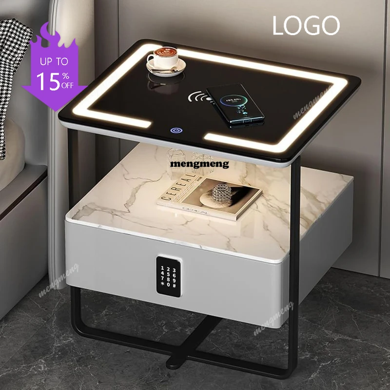 D80 Smart Nightstand Wireless Charging Station LED Light Dimming Password Lock Modern Side End Storage Cabinet Bedroom Living Ro