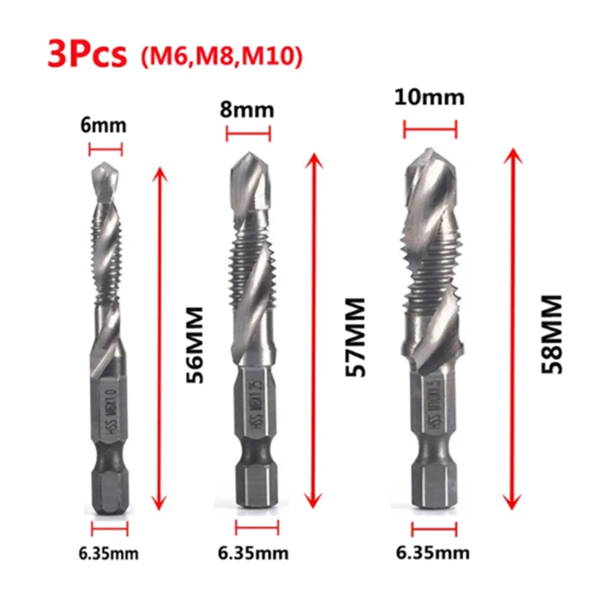 3Pcs M6 M8 M10 High-Speed Steel Titanium Plated Composite Tap Drill and Tap Integrated Machine Tap Open Chamfer Tool