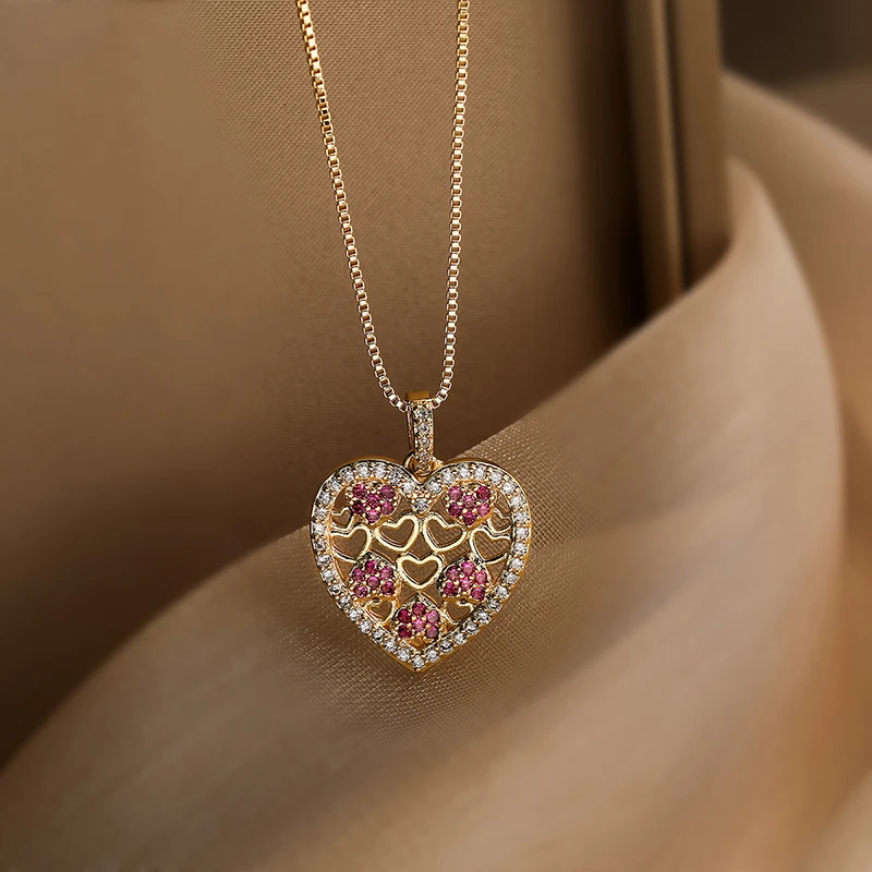 GANPUP Stilvolle Elegante Funkelnde Herz-Halskette mit Rotem Zirkonia-Anhänger für Damen, Modische Schlüsselbeinkette, Choker-Schmuck, Geschenk – Detail 8