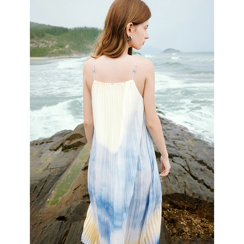 TOYOUTH Women Sleeveless Dresses 2024 Summer New Spaghetti Straps Gradient Oil Painting Party Dress Vacation Beach Sundress