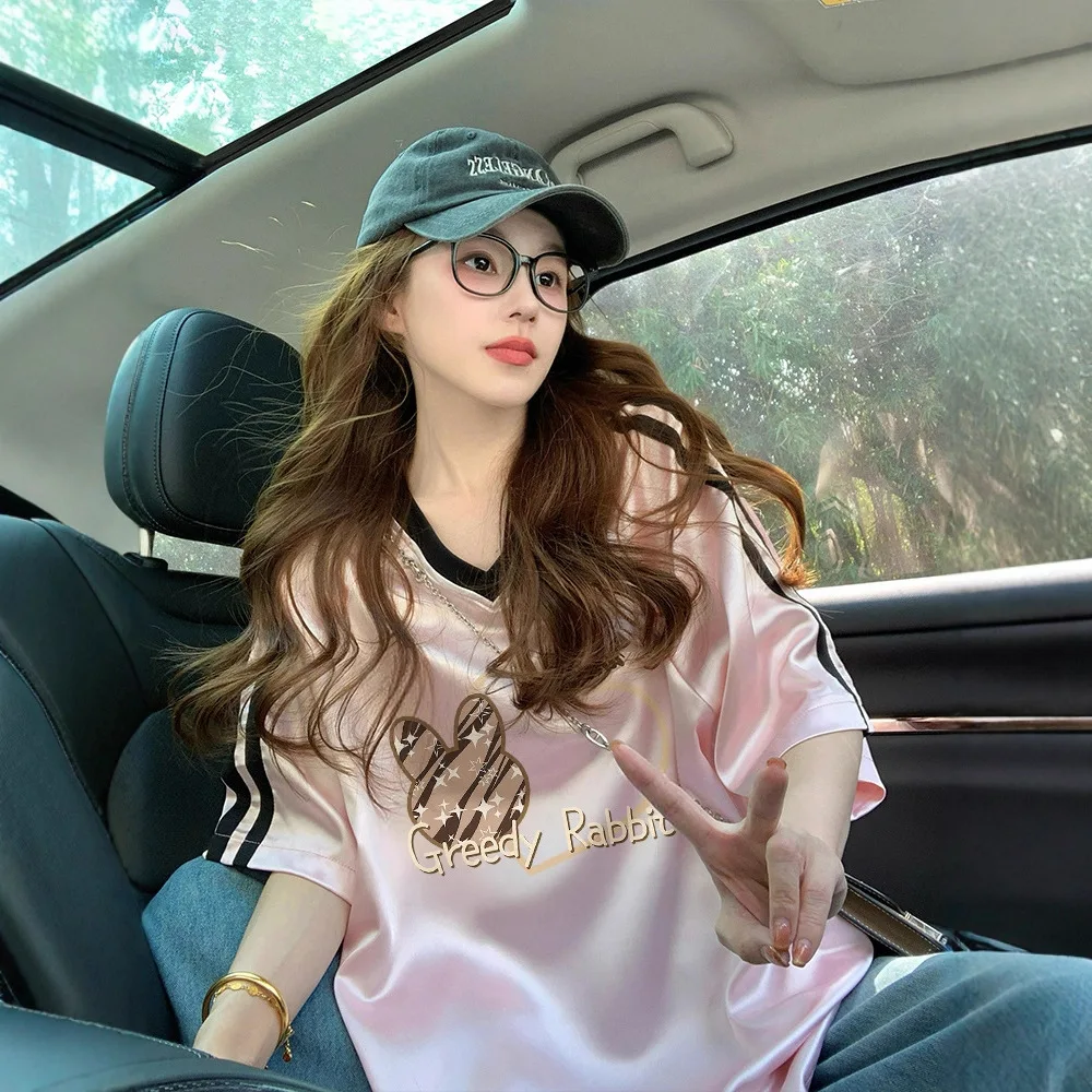 

2026 Summer New Sweet Cool Style V Neck Raglan Sleeve T Shirt Women Fashion Printed Mid Length Loose Slim Casual Trendy Tops