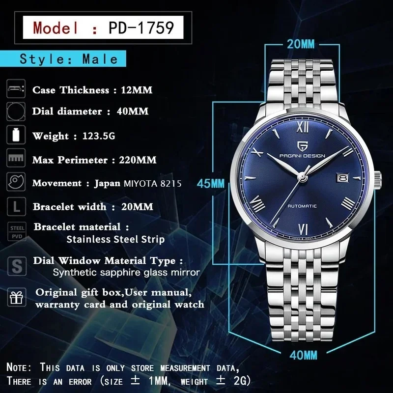 PAGANI DESIGN Men's Luxury Automatic Mechanical Watch Stainless Steel Business European American Style Simple Calendar Wristwatc