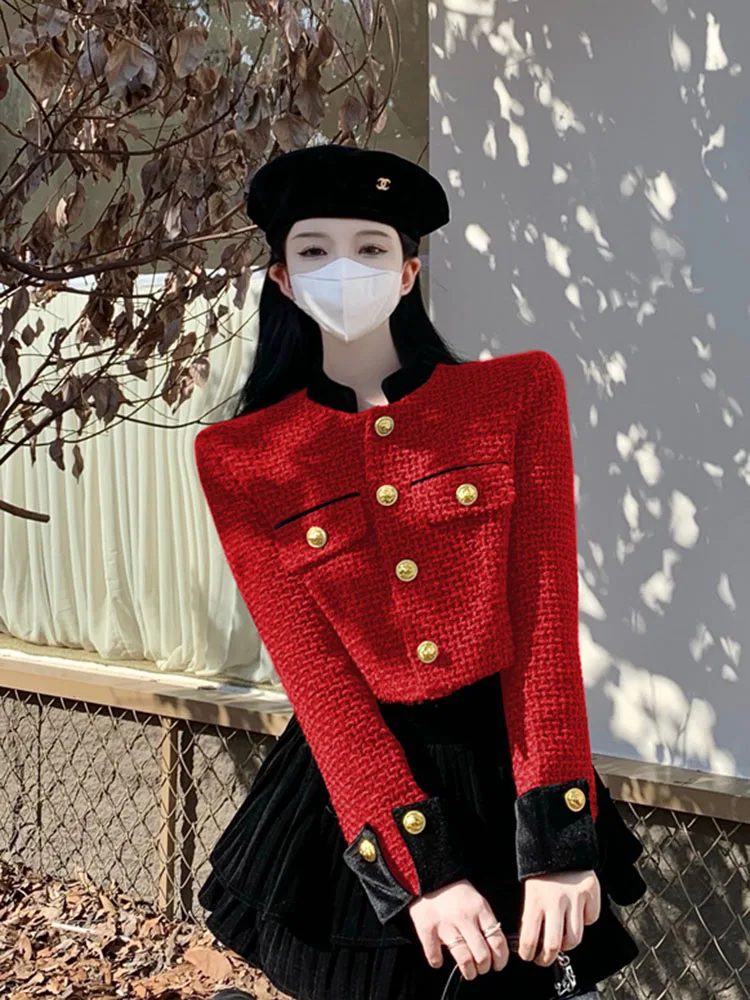 Zoki Christmas Red Sweet Tweed Jackets Women Elegant Long Sleeve Slim Short Coat Korean Casual Vintage All Match Outwear Tops