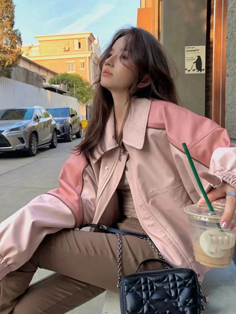 

Women's European Short Pink PU Leather Coat Female American Spliced Motorcycle Jacket Casual Street Style Leather Jacket