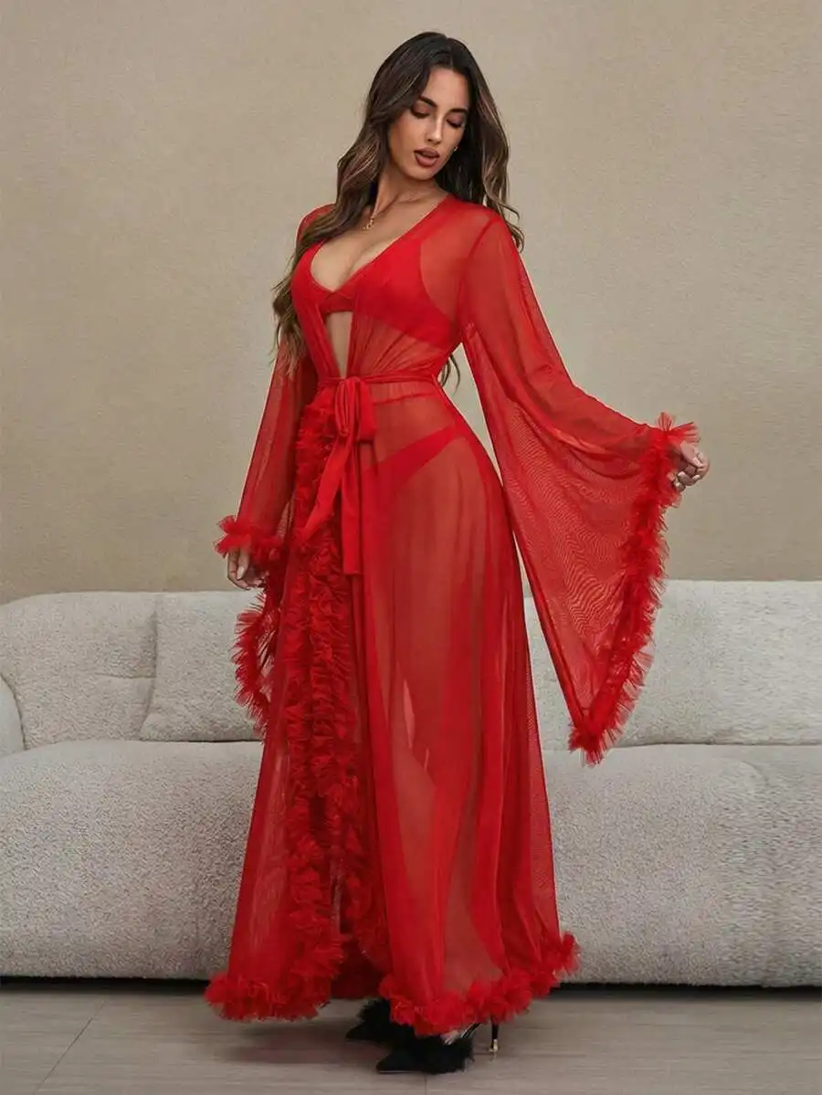 

Womens Deep V-Neck Sheer Mesh Long Sleeve Robe With Ruffle Trim