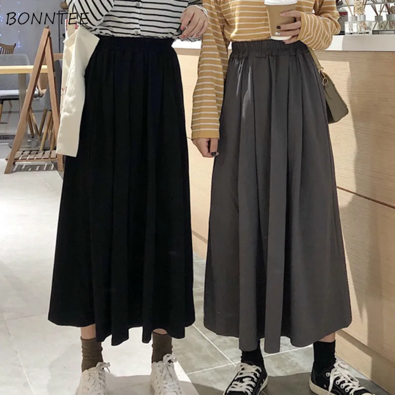 

Skirts Women Black Mid-calf High Elastic Waist Simple Daily Casual Harajuku Student All-match Cotton Chic Sweet Mature Elegant