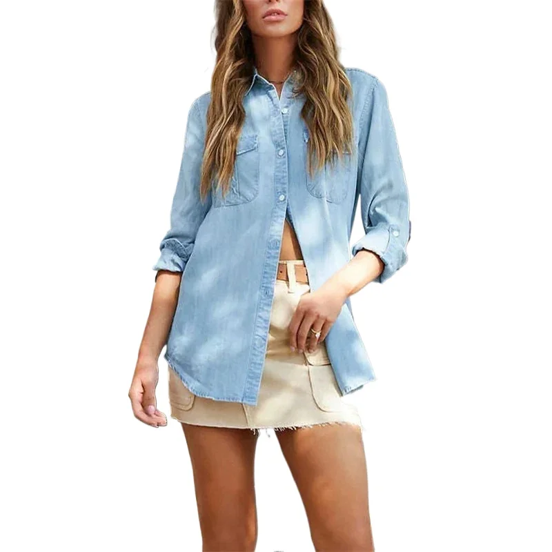 

Women Double Pockets Splice Decoration Denim Shirt New Single-breasted Cardigan Lapel Blouse Autumn Casual Commuter Female Tops