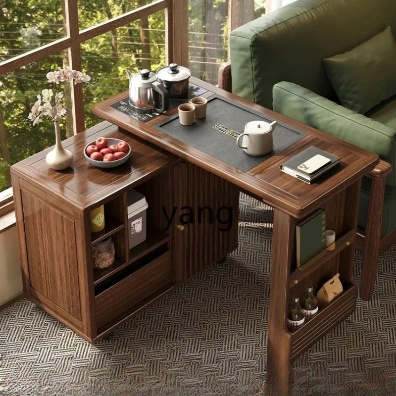 LMM, New Chinese Solid Wood Revolving Tea Table Chair Living Room Balcony Leisure Black Walnut Tea Table