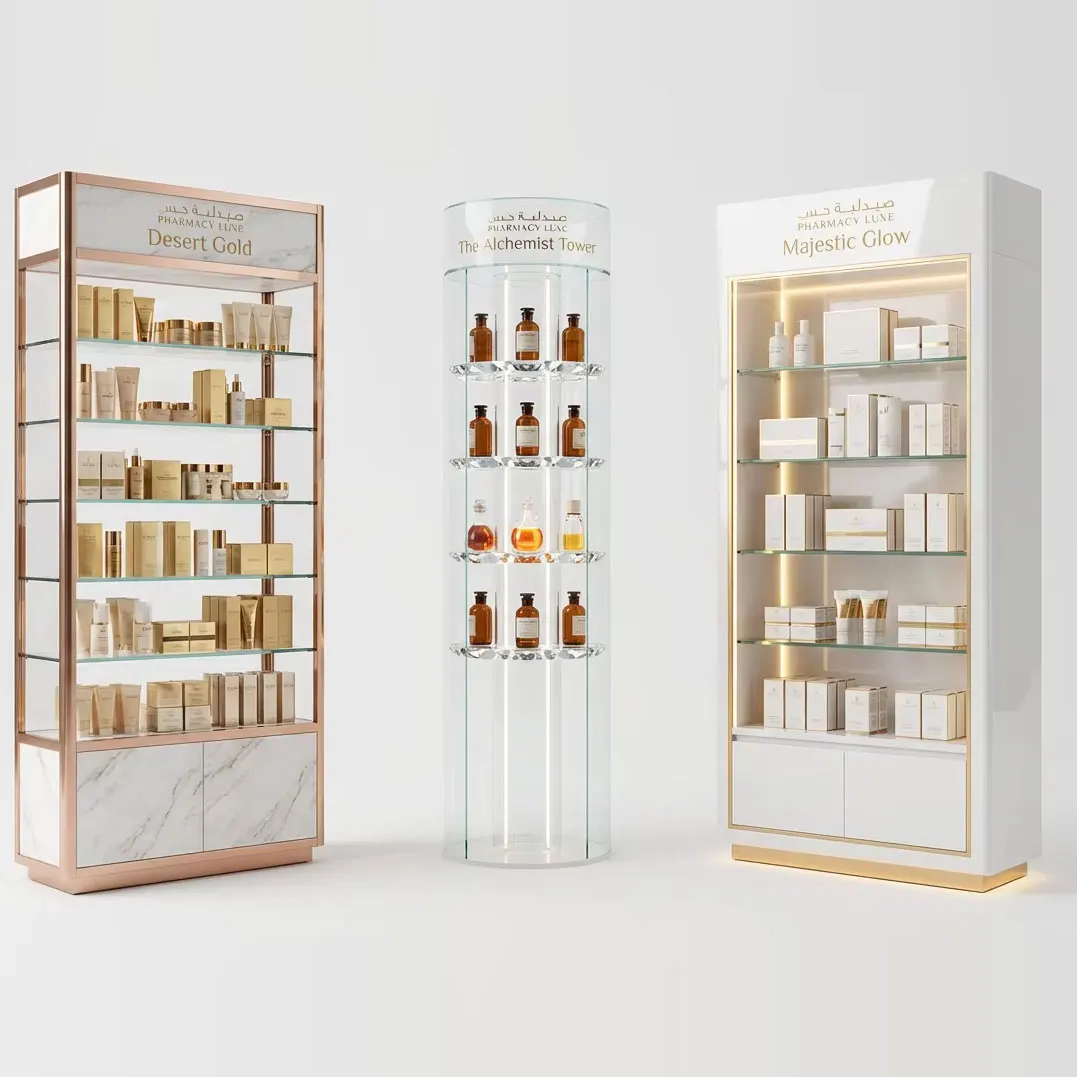 

Modern Shop Design Dispensary Shop Showcase Medicine Acrylic Display Rack Pharmacy Shelves With LED Light For Bottle Skincare