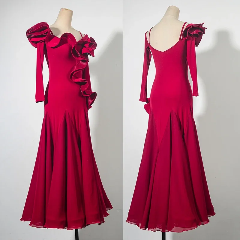 

Adult Ballroom Dance Costume Standard Performance Outfit Long Sleeve Red Dresses Social Waltz Prom Dress Female Dancewear