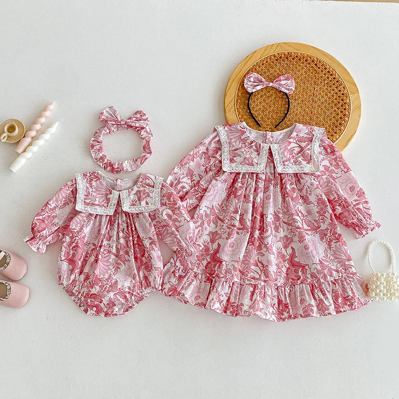 

1-6Y Baby Girls Rompers New Autumn Toddler Girls Puffed Sleeves Jumpsuits Pure Cotton Soft Navy Necked Infant Baby Girls Dress