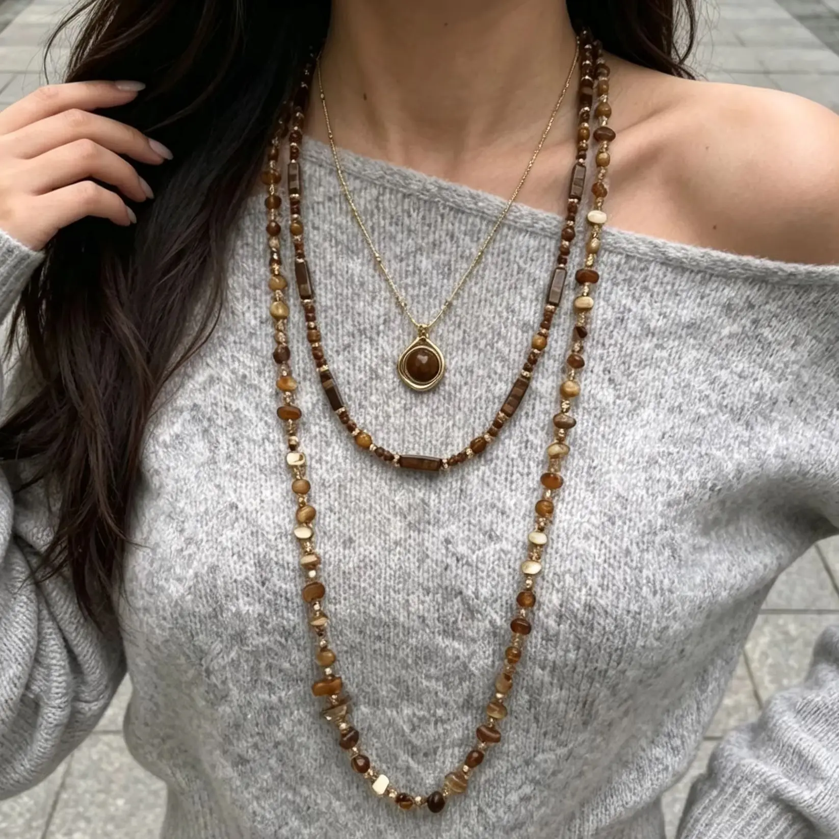Stainless Steel Boho Multi‑Layer Tiger Eye Beaded Necklace for Women Vintage Stone Pendant Long Chain Sweater Jewelry Gift