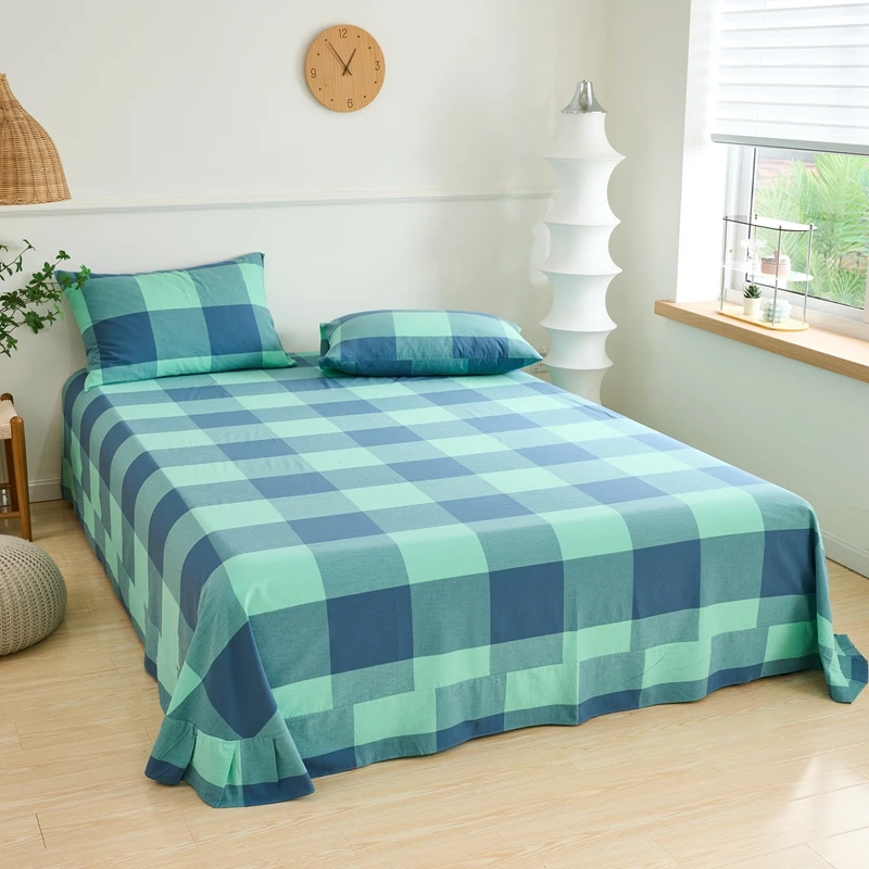 Peacock Blue Grid Geometry Flat Sheet Fashion Checkerboard Art Design Bed Sheet Soft Polyester Bedding Sheets with 2 Pillowcases