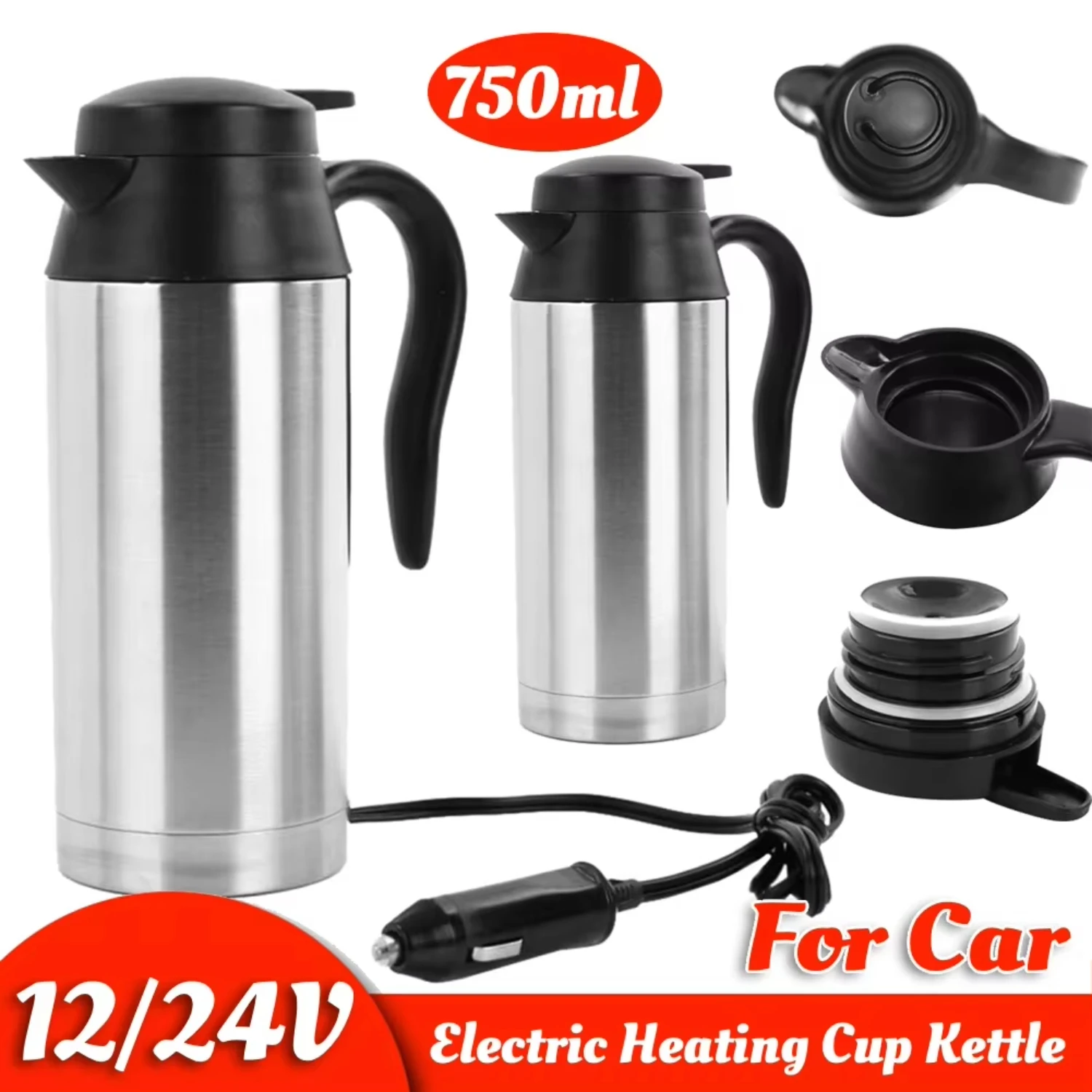 750ml Stainless Steel Car Heating Cup Kettle 12/24V - Travel Water Heater Bottle for Tea Coffee - Truck Motorcycle Drinking