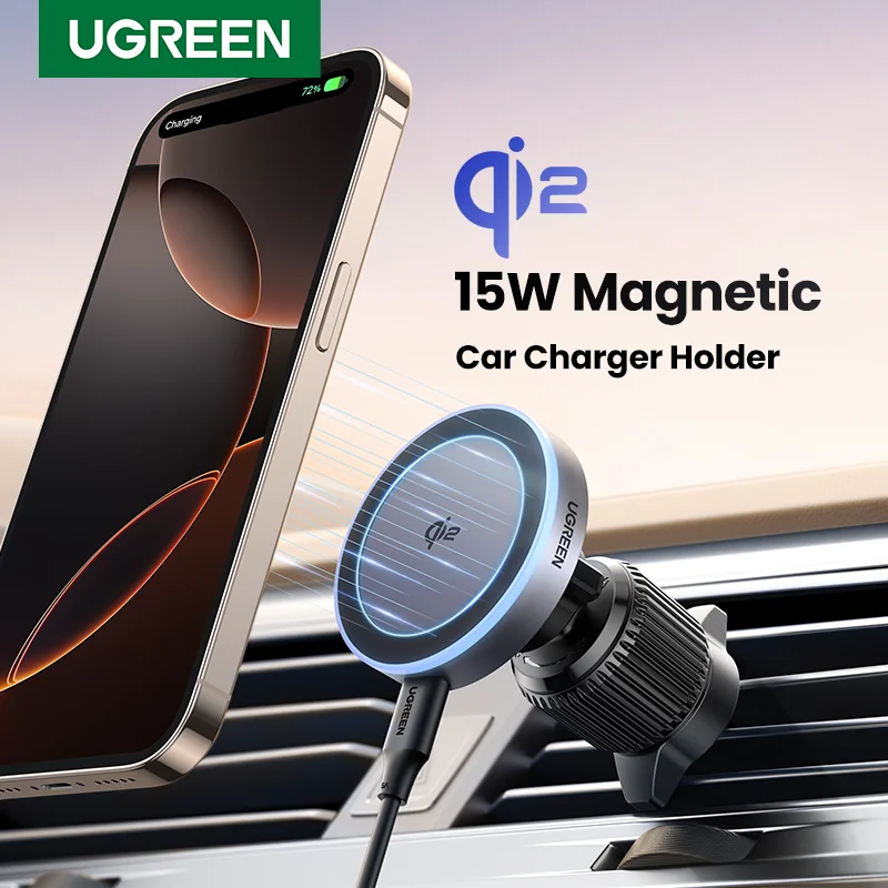 UGREEN Qi2 15W Magnetic Car Phone Holder Wireless Charger Stand For iPhone 16 Pro Max Charging for Magsafe Car Charger LED Light