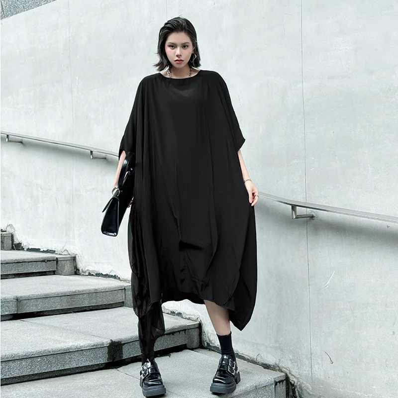 

Tannt Women Dress Patchwork Asymmetrical Batwing Sleeve Loose Long Dresses Irregular Fashion Casual Summer Dresses 2025 New