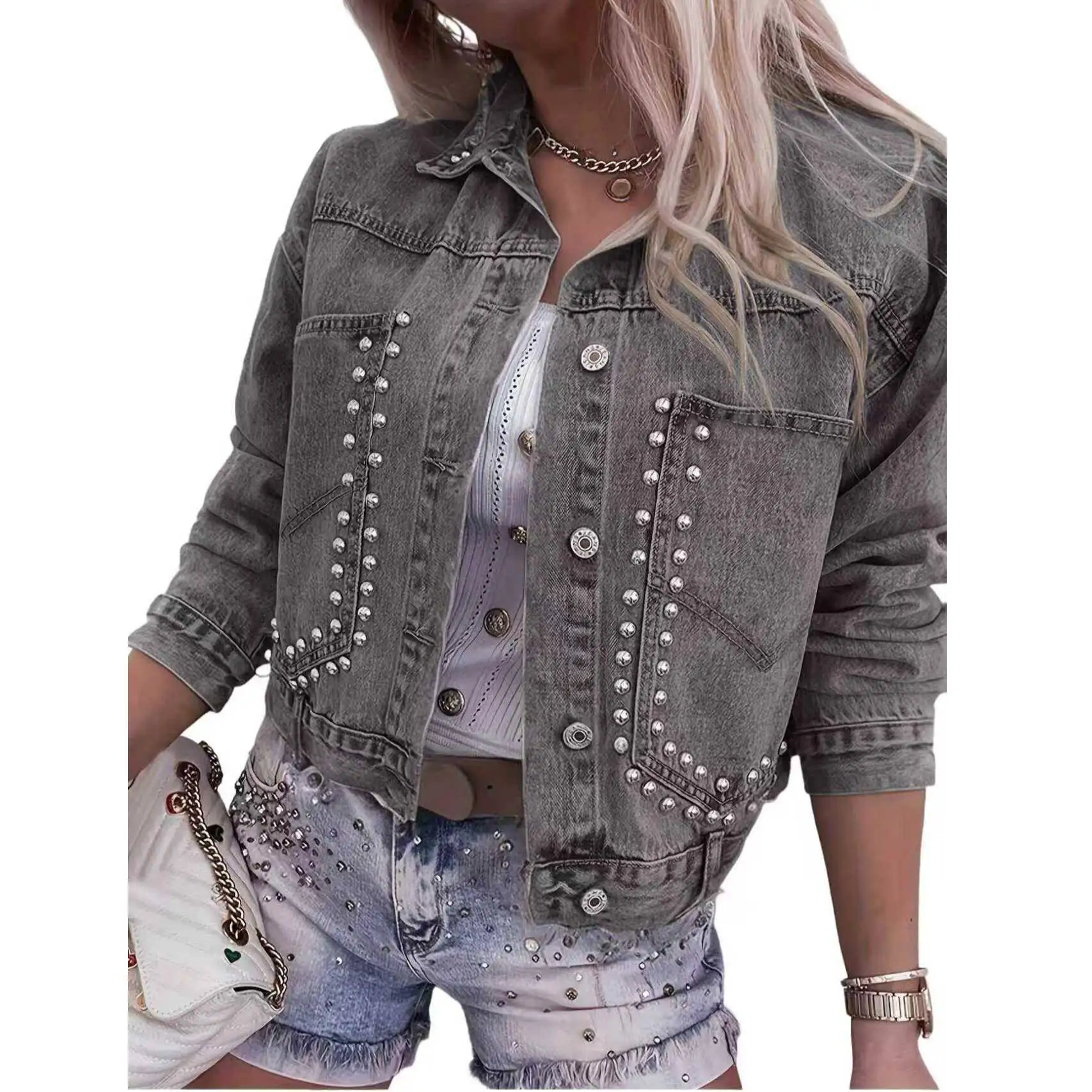 

Fashionable Large Size Women's Denim Top with Bead Decoration Elastic Citywalk Cotton Long Sleeve Zipper Side Closure