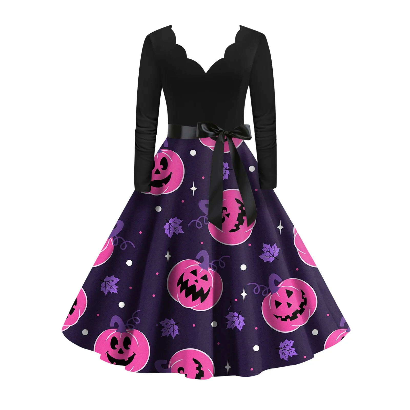 Frauen Retro Kleid klassische Halloween-Print Kleid Kragen Taille Bogen lang ärmel ige V-Ausschnitt Swing Party Kleid Frauen