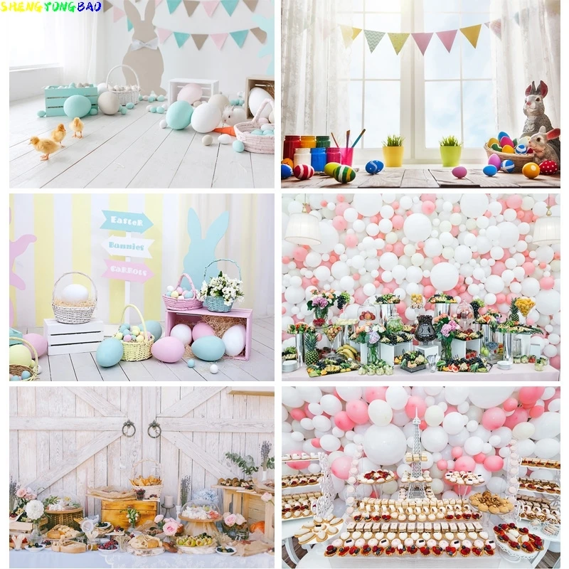 

Spring Easter Photography Backdrop Rabbit Flowers Eggs Wood Board Photo Background Studio Props FH-03