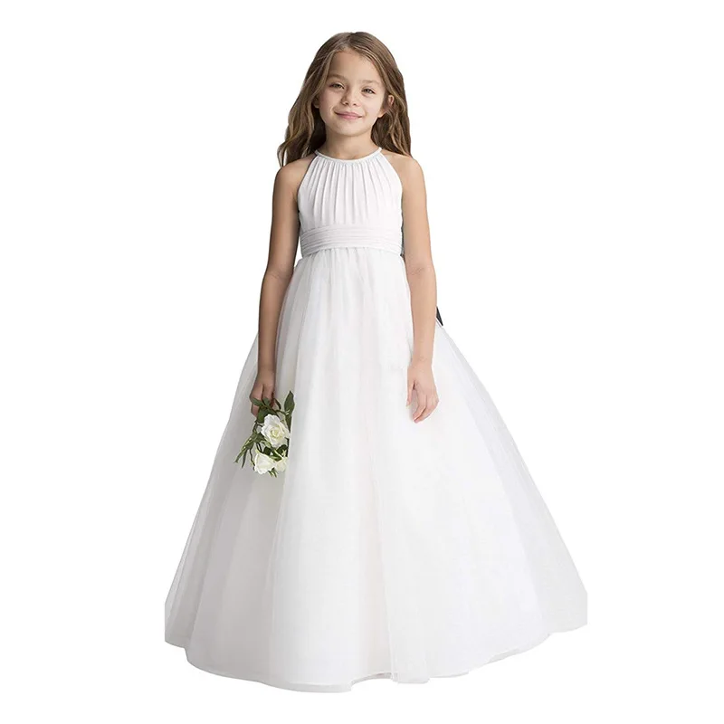 

BABYONLINE Communion Girl Dress Simple Ivory Tulle Chiffon Halter Junior Mini Bridesmaid Ball Gown Wedding Guest Party