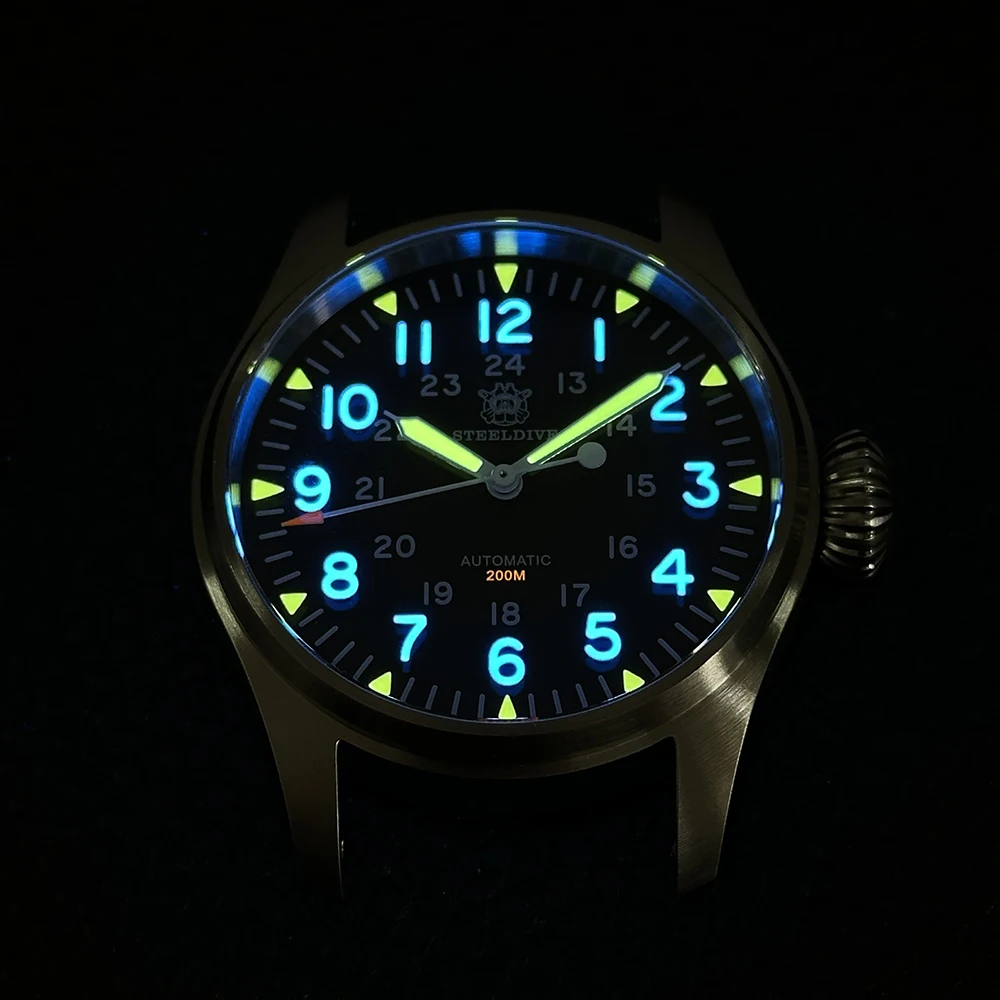 Reloj de piloto STEELDIVE para hombre, reloj de pulsera mecánico automático para buzo, resistente al agua 20ATM, C3 + BGW-9, zafiro luminoso NH35, corona de cebolla