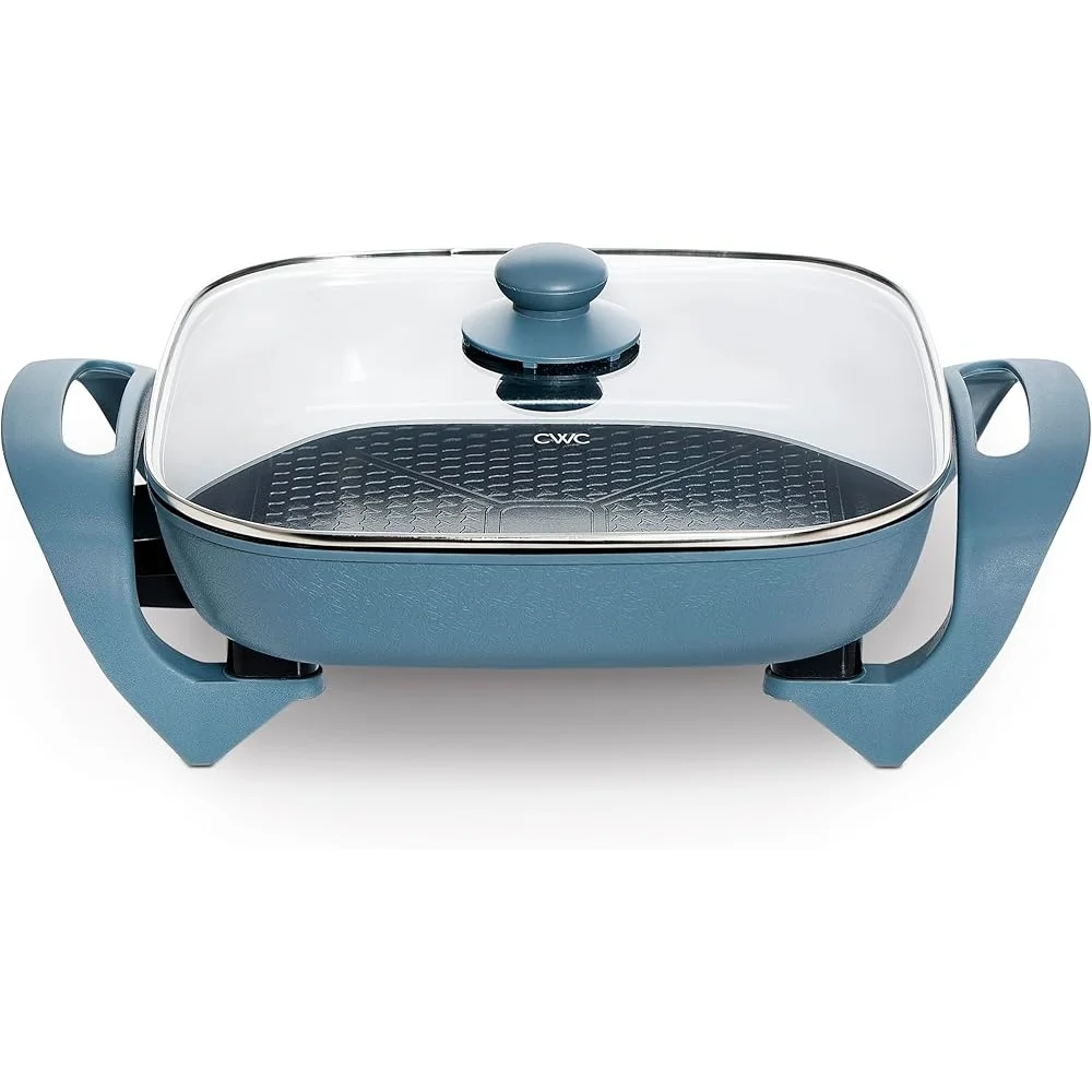 مقلاة كهربائية 1400 وات مقلاة طهي سيراميك غير لاصقة مع غطاء من الزجاج المقسى مسبار تسخين قابل للإزالة سهل التنظيف وخالي من PFAS