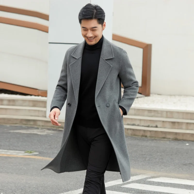 High End Long Men\'s 100% Pure Wool Suit Woolen Cardigan Jacket Autumn/ Winter New Woolen Business Double-sided Cashmere Coat