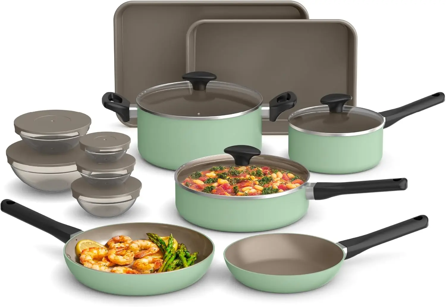 

21-х предметный кухонный набор с керамическим антипригарным покрытием EverGood, можно мыть в посудомоечной машине и в духовке, совместимым со всеми плитами, закаленным стеклом Li