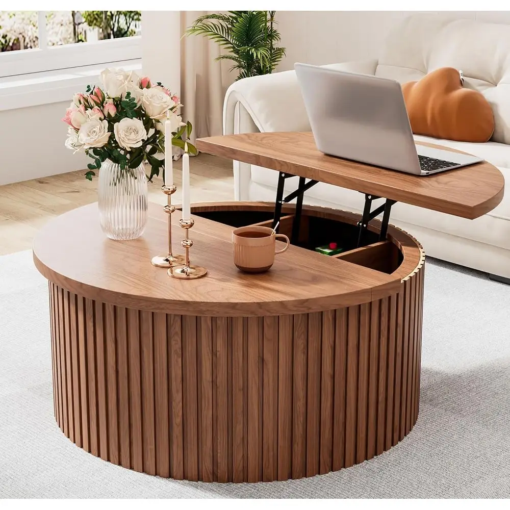 

Round Walnut Coffee Table with Lift Top and Hidden Storage for Living Room
