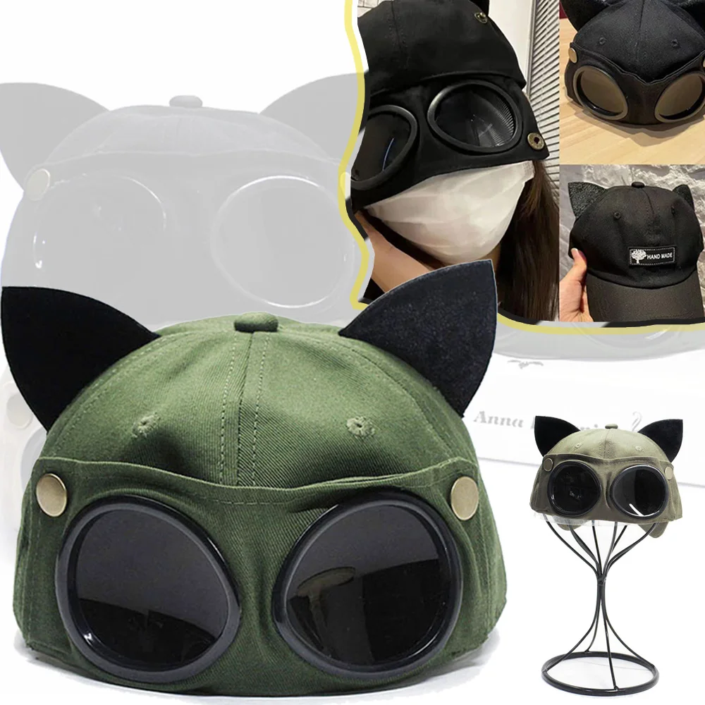 Tactical Retro Aviator Hat Peaked Cat Ears Baseball Cap with Sunglasses On The Back Pilot Attached Goggles for Men Women Adults