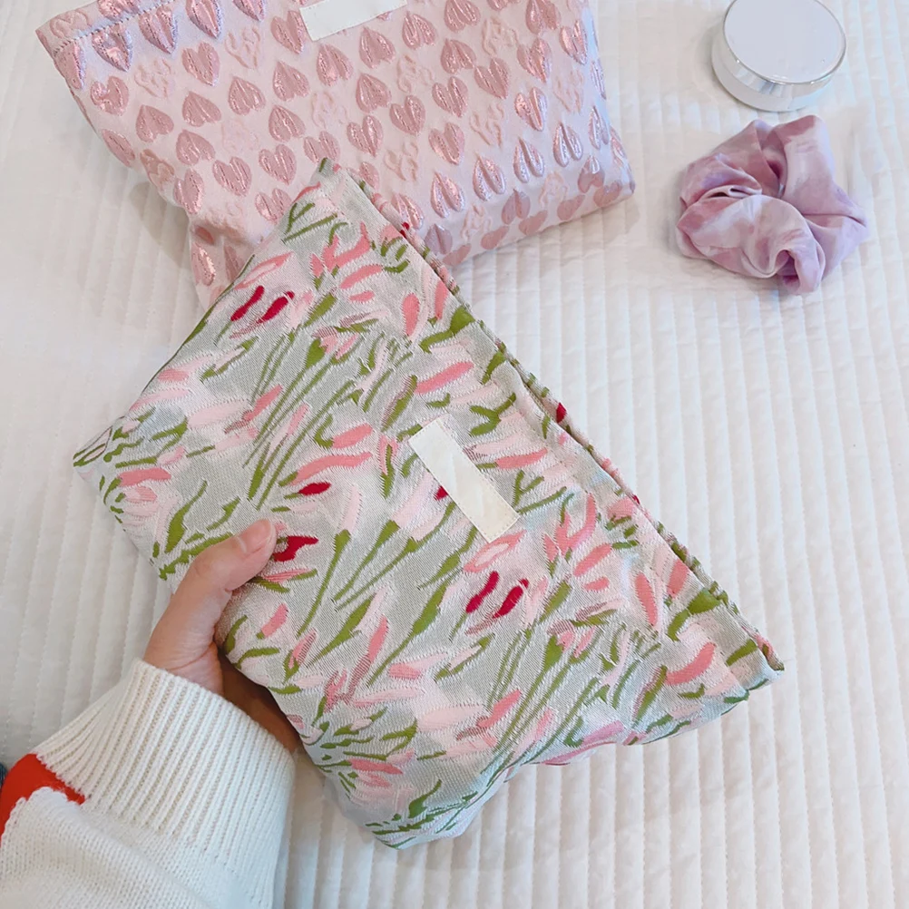 

Gentle Flower Art Makeup Storage Bag Green Pink Branches Canvas Travel Toiletry Bag Large Capacity Compact Lightweight Design