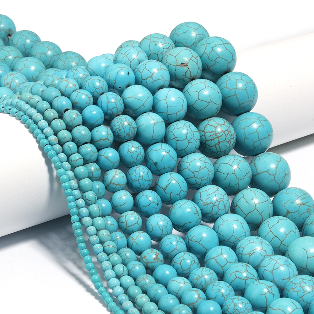 1 Strand Natural Blue Turquoise Stone Beads 3-16mm Round Gemstone Loose Bead for Jewelry Making DIY Necklace Bracelet Findings