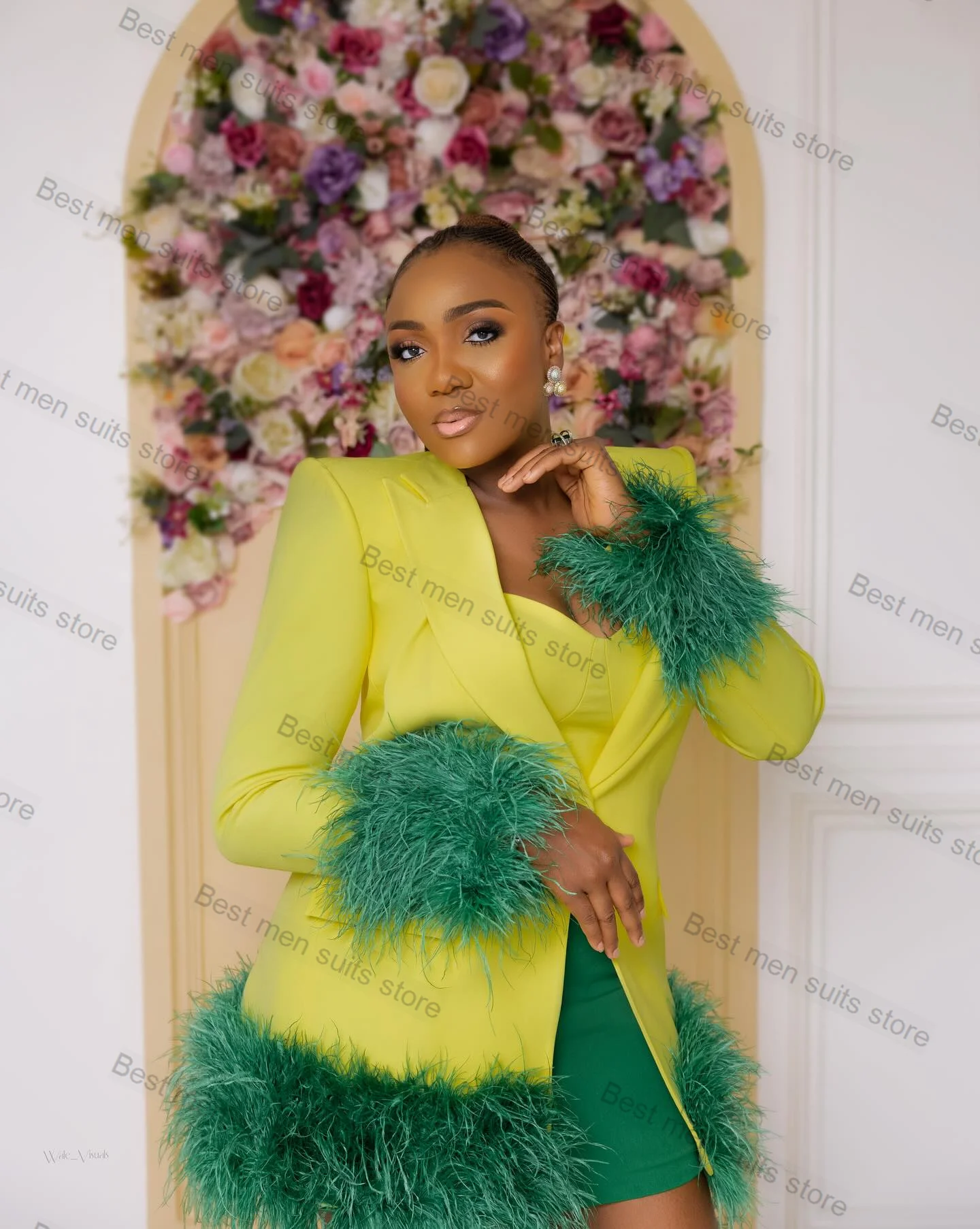 Feather Women Suit Skirt Set Blazer+Mini Short Prom Dress 2 Piece Wedding Tuxedo Party Jacket Coat Tailored Party Wear