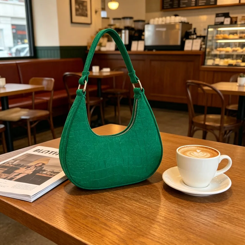Green Croc Embossed Underarm Bag, Trendy Crescent Hobo Purse, Casual Womens Shoulder Handbag for Summer