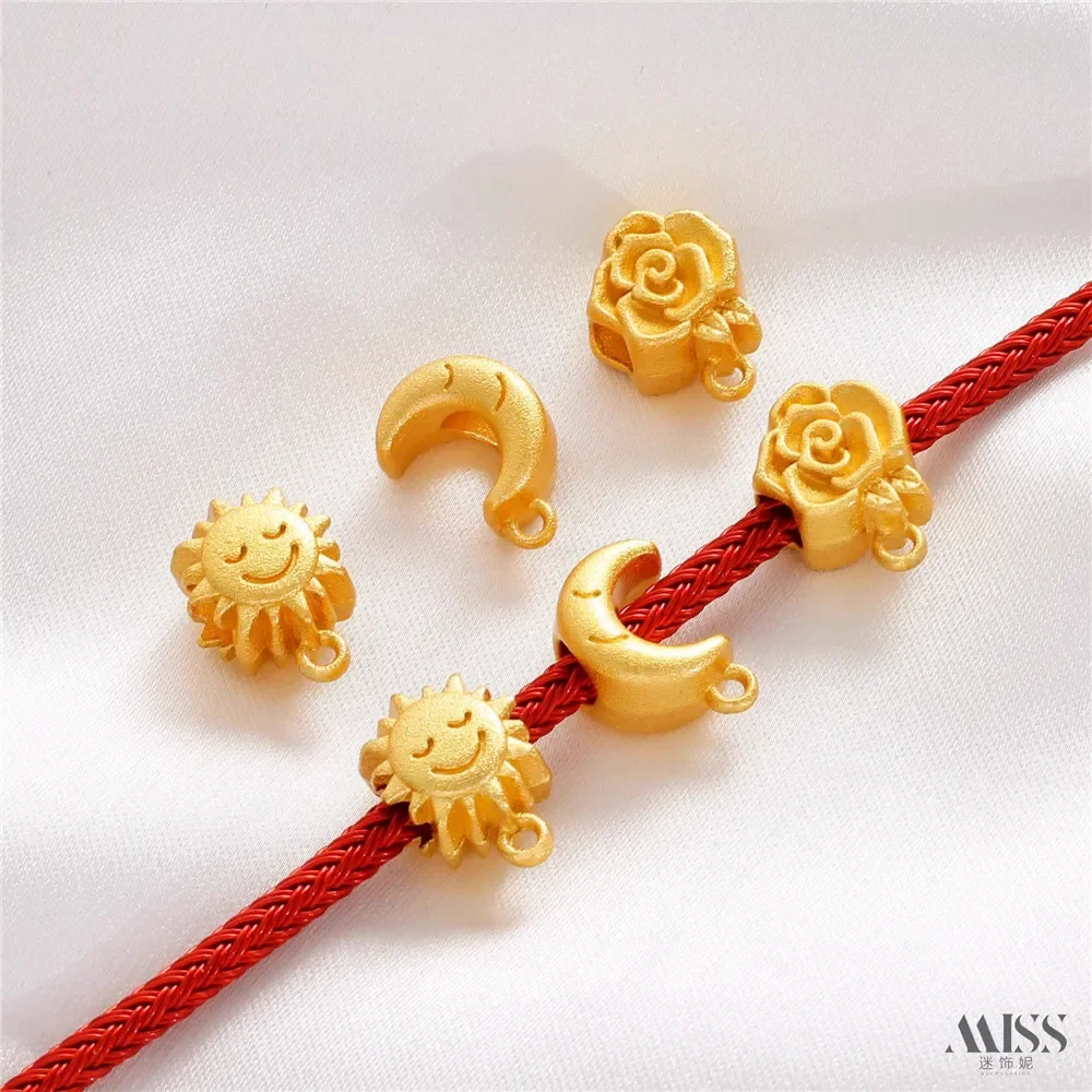 Sand Gold Color Matte Gold Sun Rose Moon Large Hole with Hanging Ring, Bead Spacer DIY Braided Rope Bracelet Accessories