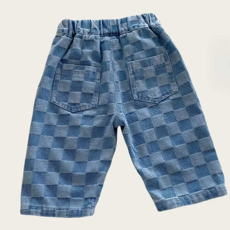 

2025 Cotton Checkered Jeans Little Kids Pants 0 - 5 Y Korean Children's Clothes with Stylish and Comfortable Fashion
