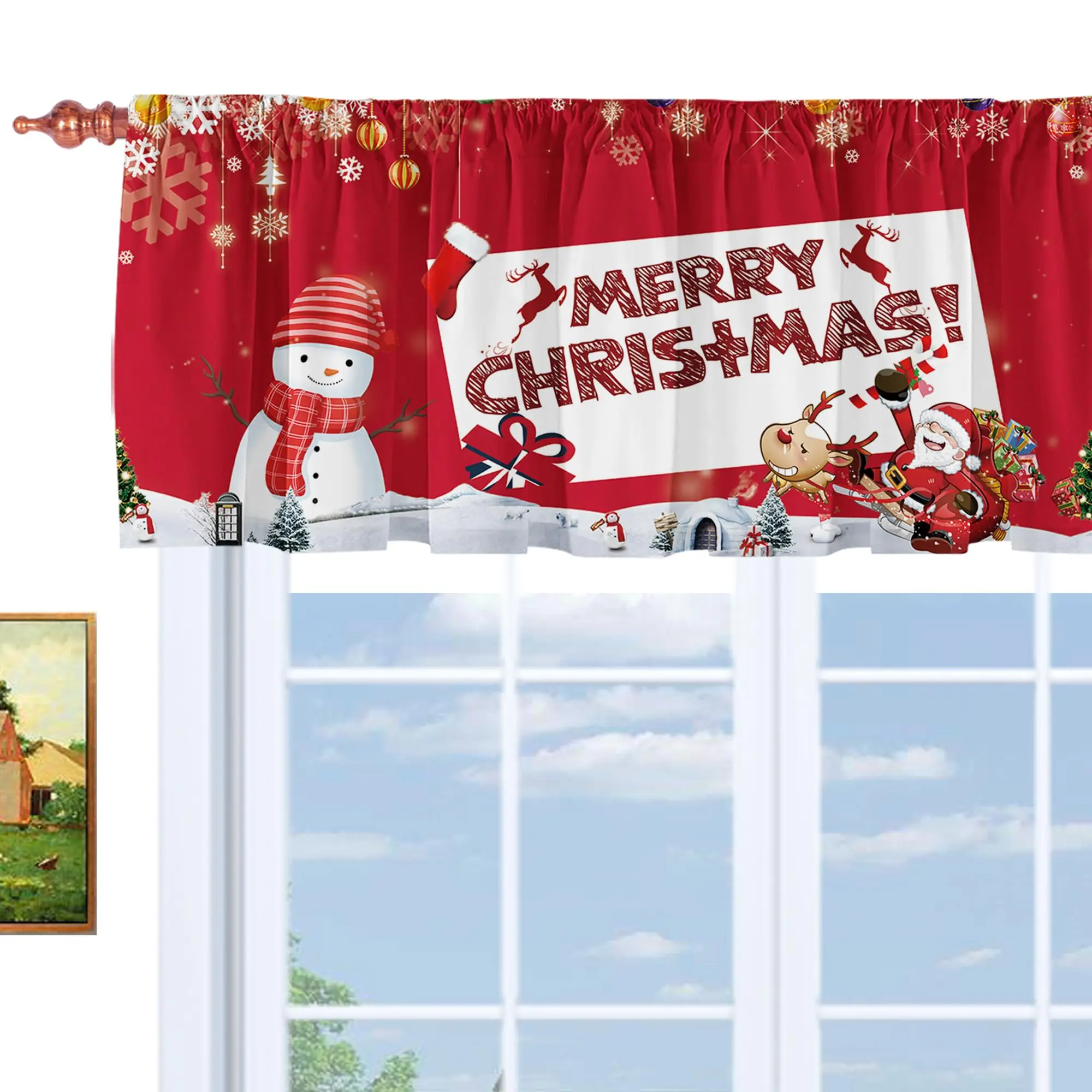 Christmas Santa Sleigh Reindeer Valance, Rod Pocket Decor Window Topper for Holiday Kitchen and Laundry Room Window Decor