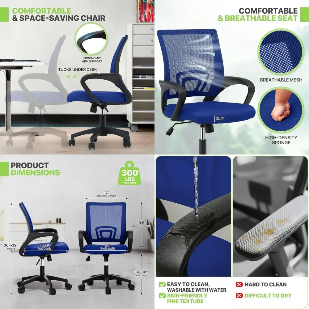 

Пара эргономичных офисных кресел с сетчатой спинкой, поясничной опорой и регулируемыми подлокотниками, для игр и работы, до 300 фунтов, темно-синий цвет