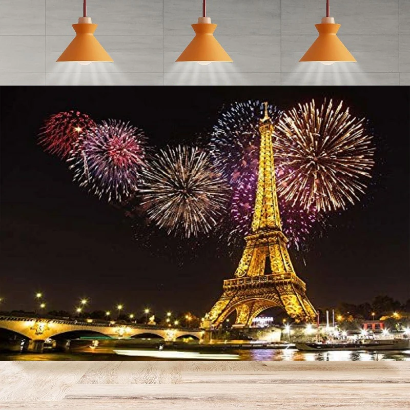 Photography Backdrop Night Paris Light Eiffel Tower Colorful Fireworks Wedding Background Home Party Backdrop Wall Banner Decor