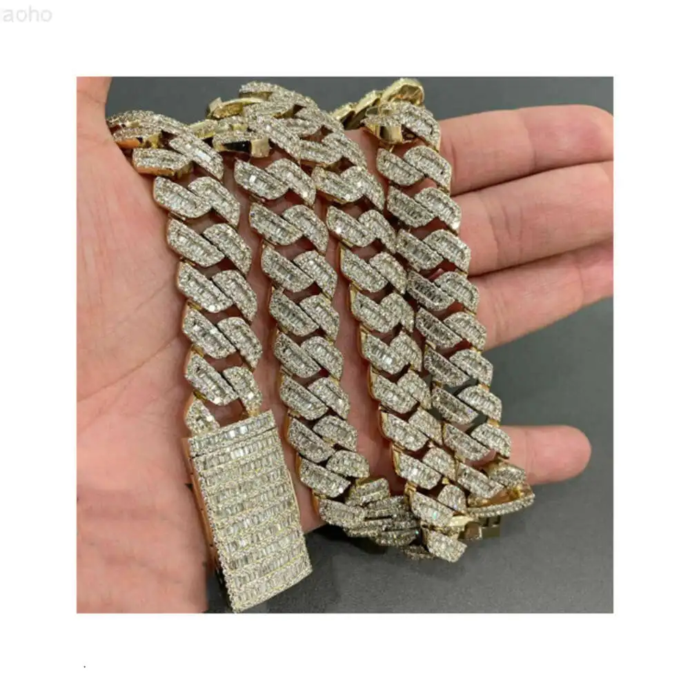 17mm Baguette Miami Cuban Link Chain Vvs Moissanite Diamond Stubbed 925 Sterling Silver White Gold Plated with Baguette Lock.