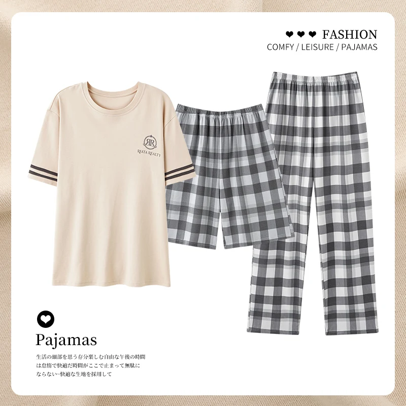 

3 Pieces Set Cotton Sleepwear for Men Shorts & Trouser & Short Sleeves Sleeping Top Pajamas Male Nightwear Loungewear for Summer