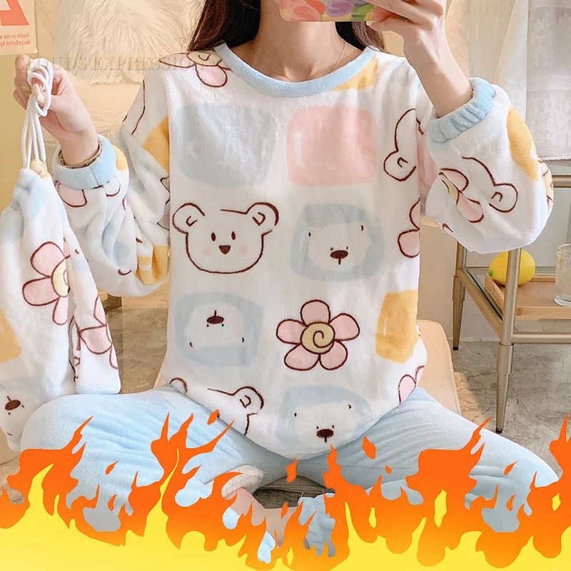 Winter Fleece Young Women Pajamas Sets Classic Plaid Printed Teddy Sleepwear Velvet Homewear Kawaii Girls Pijamas Mujer Pyjama